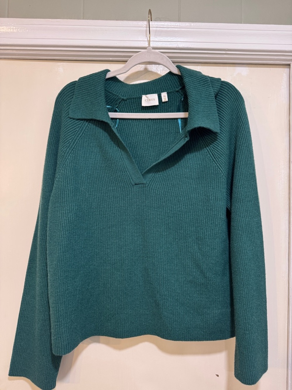 Cyrus Teal Green Collared Ribbed Knit Sweater